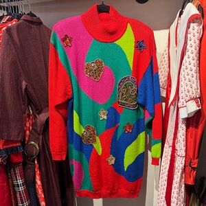I.B. Diffusion Colorful Beaded Vintage Sweater with Heart and Star Patterns